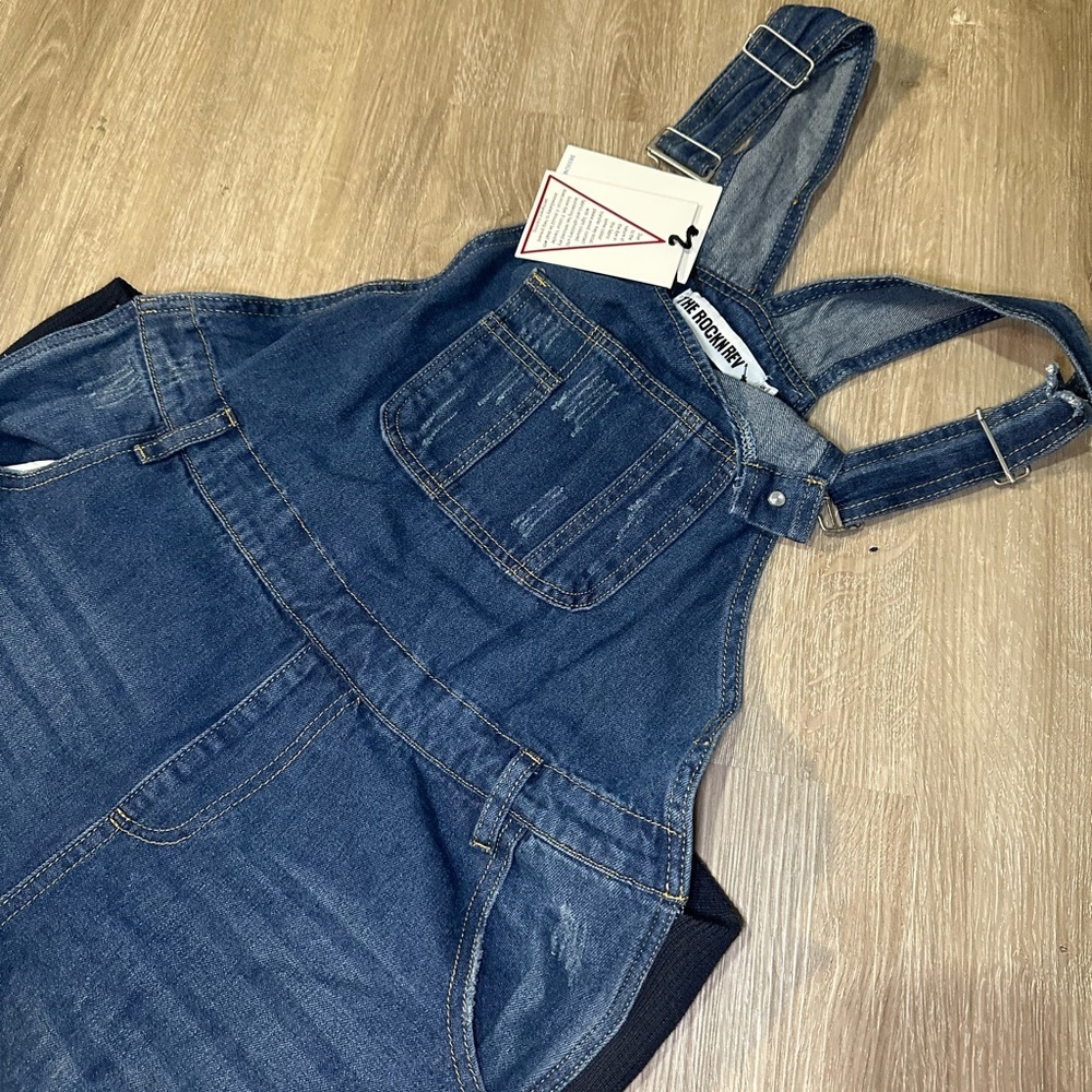 The Rock N Rev Maternity Distressed Denim Overalls NWT - Picture 3 of 6